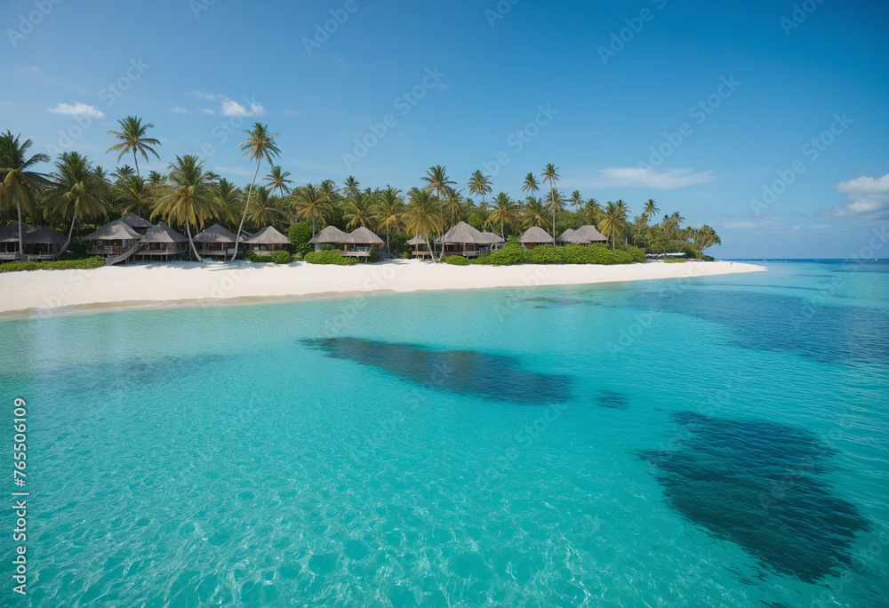 Beautiful tropical island with beach resort in turquoise ocean colourful background