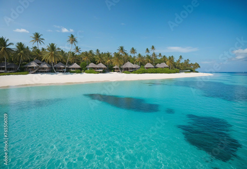 Beautiful tropical island with beach resort in turquoise ocean colourful background © Fukurou