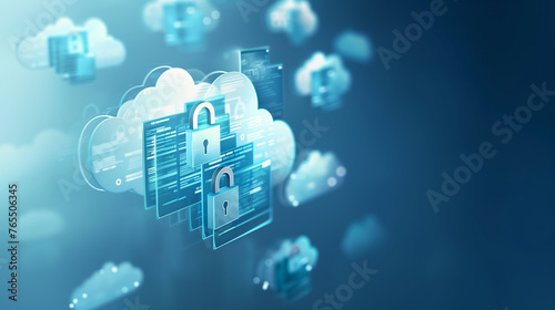 Multiple clouds with locks and data panels depicting network security.