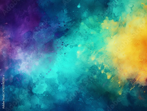 Turquoise and yellow watercolour splatter background, purple yellow