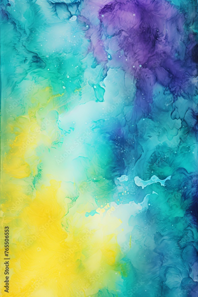 Turquoise and yellow watercolour splatter background, purple yellow