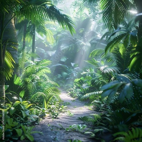 Tropical rainforest path  lush greenery  sunlight filtering through  morning  nature walk   octane render