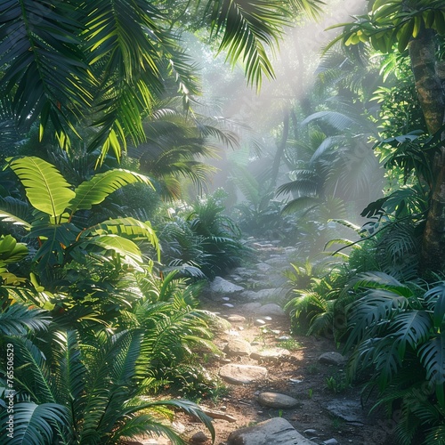 Tropical rainforest path  lush greenery  sunlight filtering through  morning  nature walk   octane render