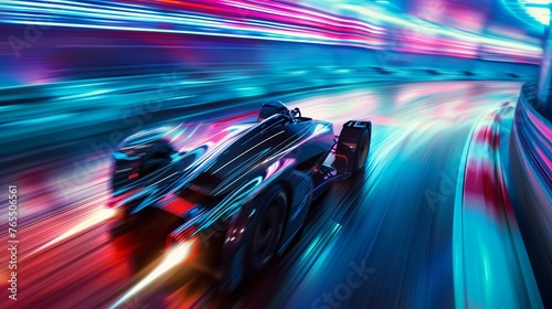 Futuristic racer in highspeed vehicle, neonlit track, blur of motion, adrenalinefueled competition no grunge