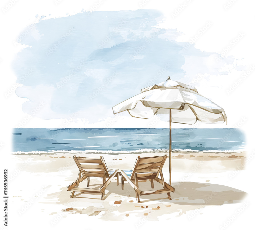 Beach chairs under umbrella by the sea