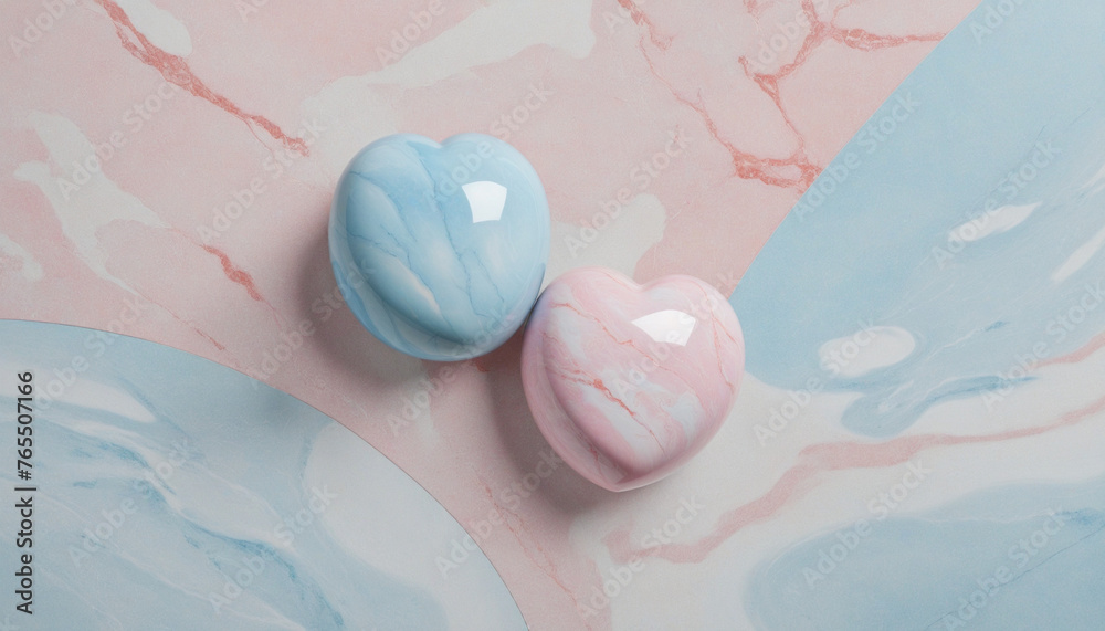 Light blue and pink marble object in the shape of a heart colourful background