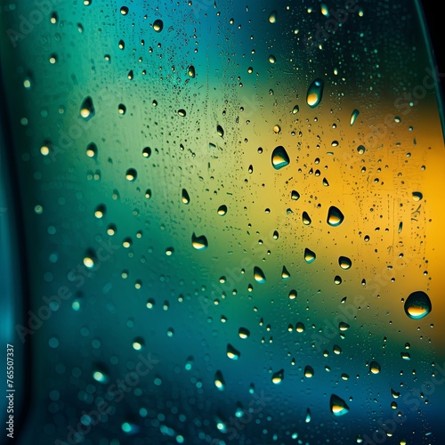 Turquoise rain drops on an old window screen with abstract background