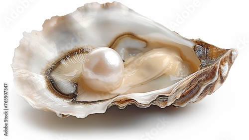 Oyster open with pearl separated on white