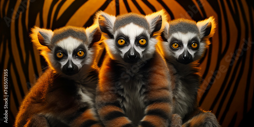 A funny three lemurs looking for the camera with orange and black stripes background