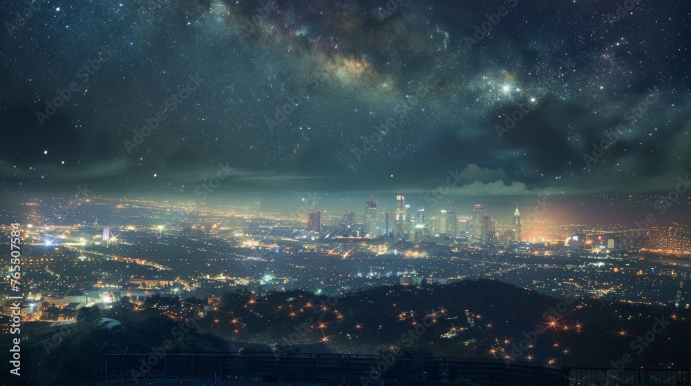 Obraz premium Starry Cityscape AweInspiring Night View from Hilltop with Glittering Galaxy and Urban Lights Below