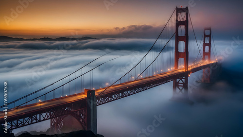 Mystical fog enveloping the Golden Gate Bridge Photo real for Legal reviewing theme ,Full depth of field, clean bright tone, high quality ,include copy space, No noise, creative idea photo
