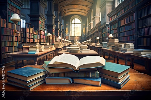 Education learning concept with opening book or textbook in old library, stack piles of literature text academic archive on reading desk and school study class room background - generative ai