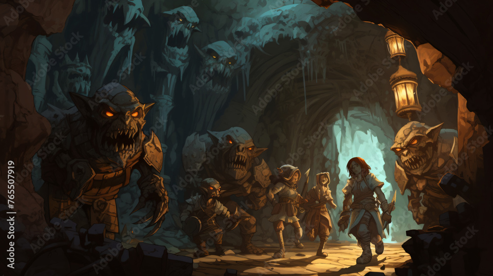 A group of adventurers exploring a dungeon filled with