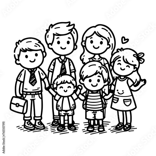 kid drawing happy family cartoon character outline doodle for coloring book page vector illustration on white background