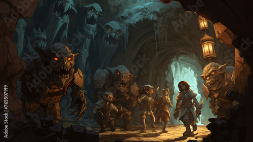 A group of adventurers exploring a dungeon filled with