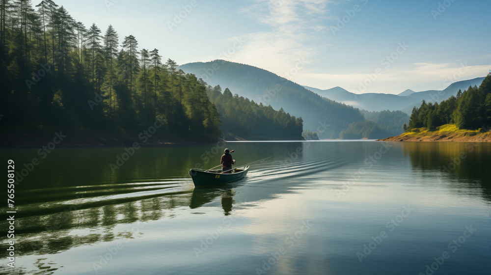 Fototapeta premium People are sitting in a fishing boat on a lake with a beautiful view in the background.