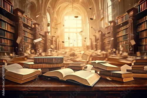 Education learning concept with opening book or textbook in old library, stack piles of literature text academic archive on reading desk and school study class room background - generative ai photo