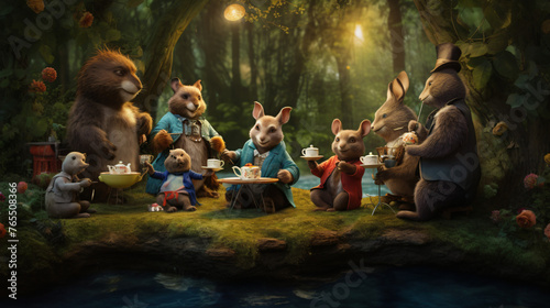 A group of anthropomorphic animals having a tea party
