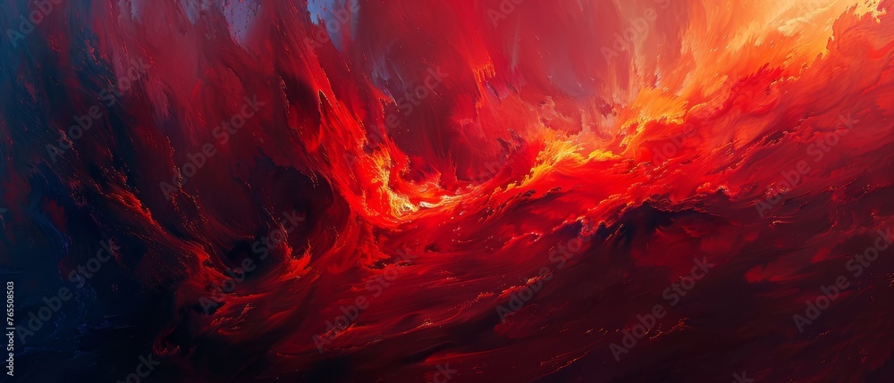  A tri-colored painting against black background, featuring red, orange and blue hues, with a red and blue sky in the backdrop