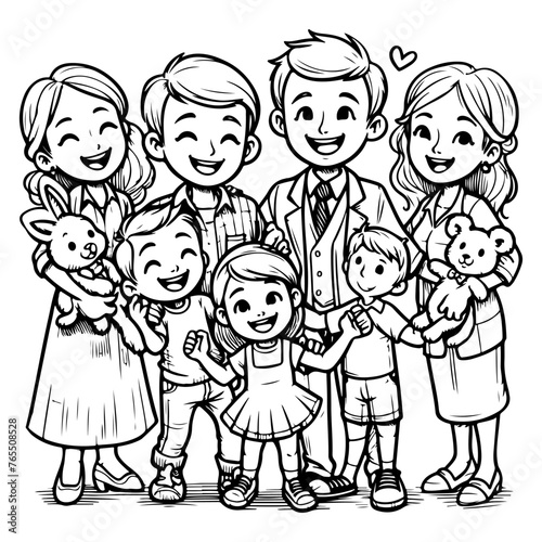kid drawing happy family cartoon character outline doodle for coloring book page vector illustration on white background