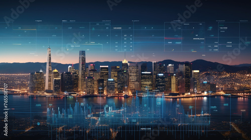 Financial graphs and digital indicators overlap with Double exposure of night skyscrapers San francisco city office buildings background. Banking, financial and trading concept.