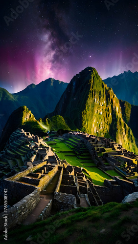 Shimmering aurora over Machu Picchu Photo real for Legal reviewing theme ,Full depth of field, clean bright tone, high quality ,include copy space, No noise, creative idea