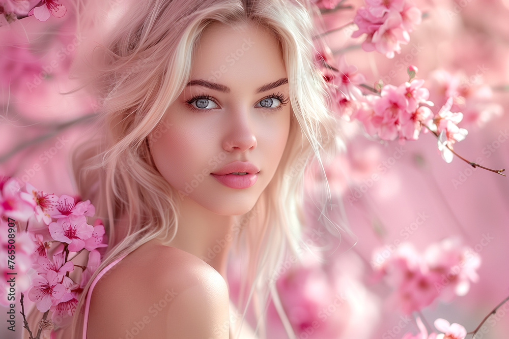 portrait of beautiful woman on pink cherry blossom background
