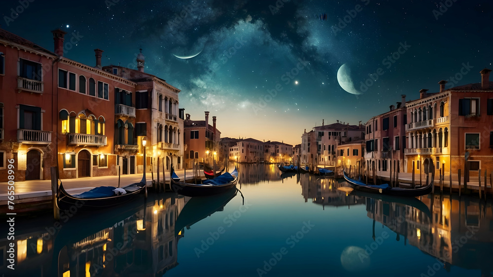 Venice canals reflecting a lunar fantasy Photo real for Legal reviewing theme ,Full depth of field, clean bright tone, high quality ,include copy space, No noise, creative idea