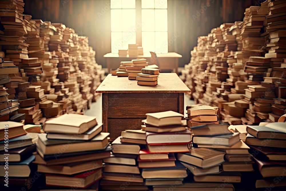 Education learning concept with opening book or textbook in old library, stack piles of literature text academic archive on reading desk and school study class room background - generative ai - obrazy, fototapety, plakaty 