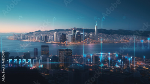 Financial graphs and digital indicators overlap with Double exposure of night skyscrapers San francisco city office buildings background. Banking, financial and trading concept. photo