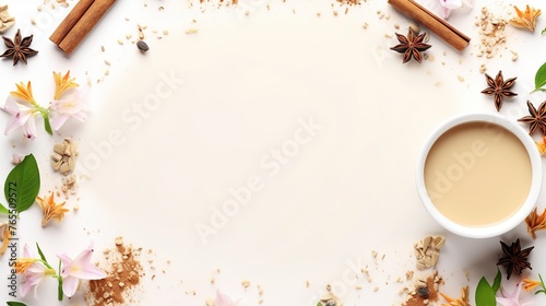 Steaming Indian Masala Chai with aromatic spices on a rustic wooden table. Blank space for your message. 