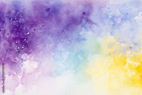 White and yellow watercolour splatter background, purple yellow © Celina