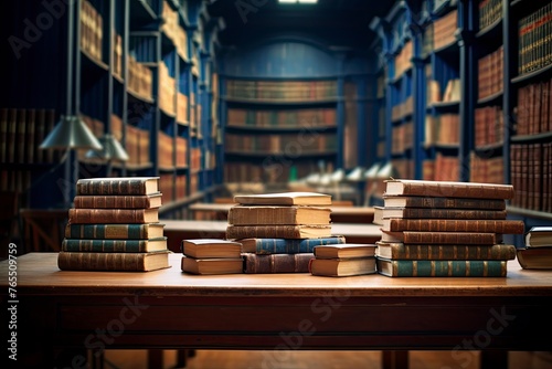Education learning concept with opening book or textbook in old library, stack piles of literature text academic archive on reading desk and school study class room background - generative ai photo