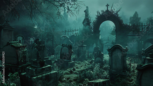 A haunted graveyard with tombstones and mausoleums.