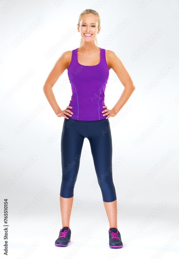 Woman, studio and smile with portrait, workout and fitness for health and wellness. Trainer, cardio and sports for wellbeing, confidence and exercise with mockup space isolated on white background Woman, studio and smile with portrait, workout and fitness for health and wellness. Trainer, cardio and sports for wellbeing, confidence and exercise with mockup space isolated on white background