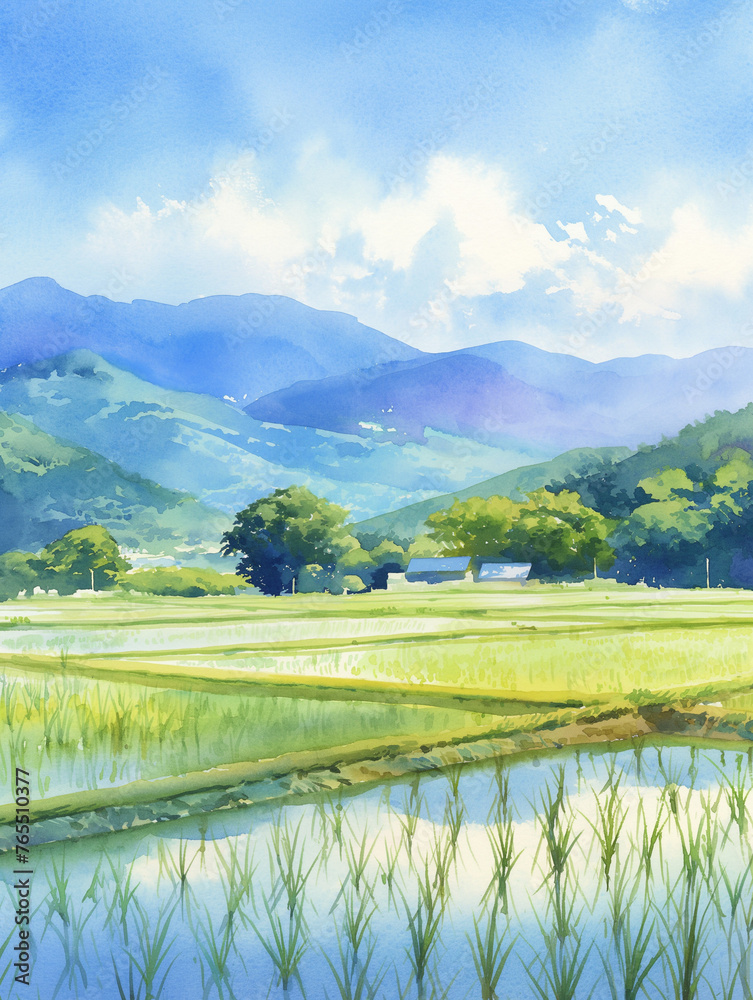 A serene watercolor landscape depicting rice paddies with a mountain backdrop under a blue sky.