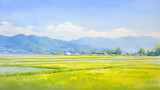 Expansive watercolor painting of lush green fields against a backdrop of soft blue mountains and fluffy clouds.