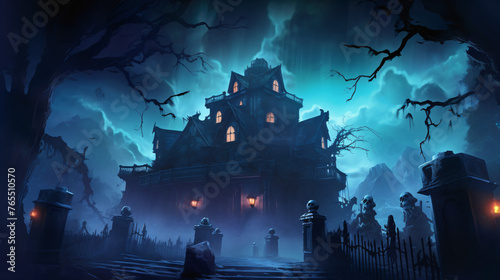 A haunted mansion with eerie lights and ghostly figure