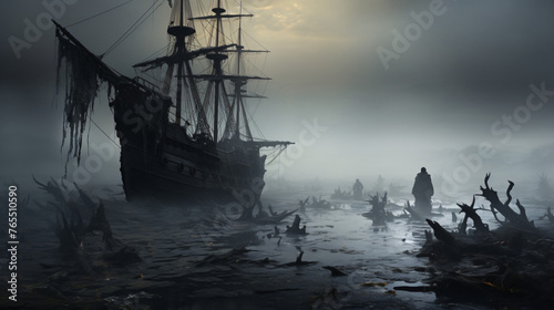 A haunted shipwreck on a misty shore with ghostly