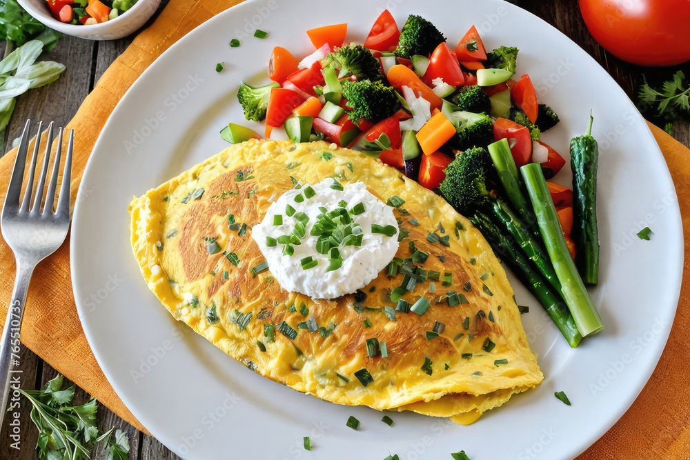 a fluffy golden omelet filled with a generous portion of fresh, colorful vegetables.
a fluffy golden omelet filled with a generous portion of fresh, colorful vegetables.