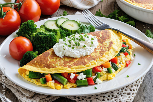 a fluffy golden omelet filled with a generous portion of fresh, colorful vegetables. 