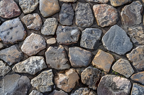 A rugged stone wall built using a combination of rocks and gravel, showcasing a sturdy and weathered structure