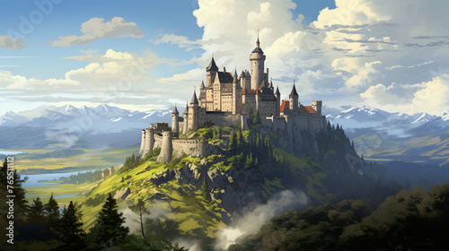 A historic castle perched on a hilltop with turrets