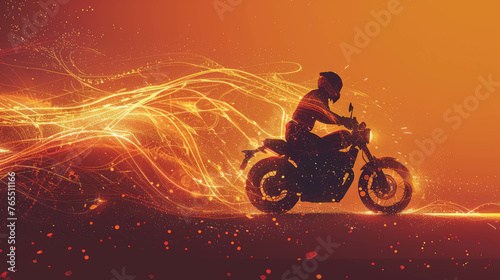 Abstract Biker Man With Golden Light Curve And Red Background