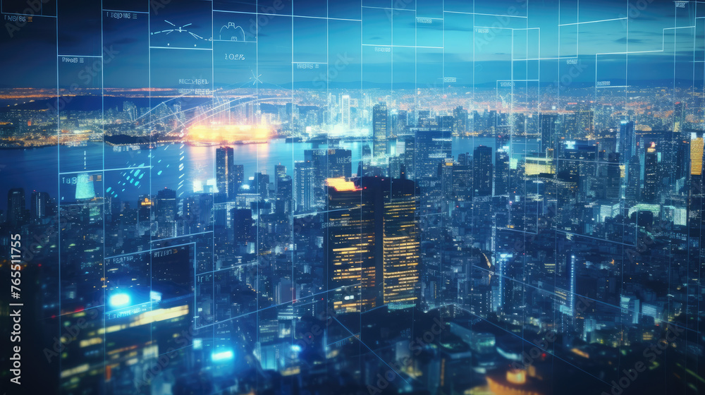 Financial graphs and digital indicators overlap with Double exposure of night skyscrapers Tokyo city office buildings background. Banking, financial and trading concept.