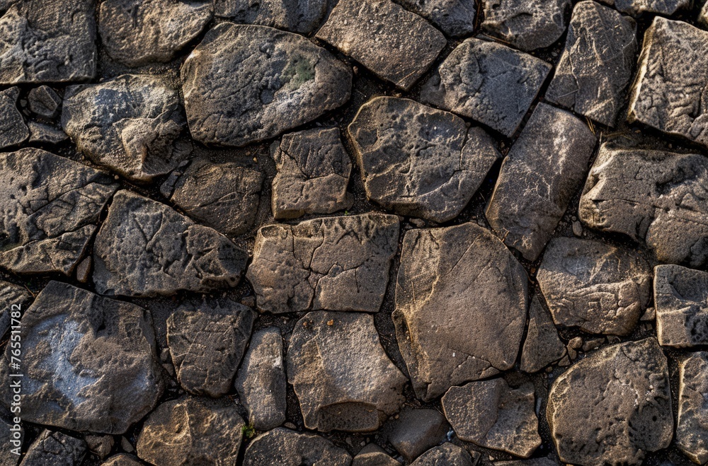 Detailed view of a wall constructed entirely of rocks, showcasing their textures, shapes, and arrangement
