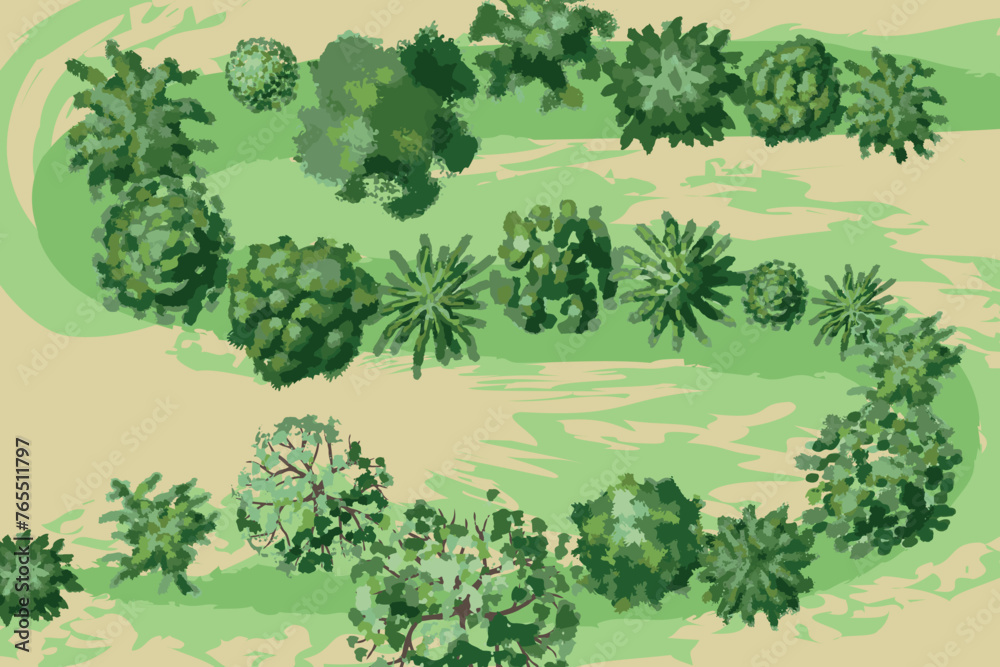 Obraz premium Hand drawn trees on the green field top view illustration. Different plants and trees (View from above) Nature green spaces. Vector illustration.