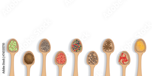 Vector illustration of a top view of a set of spices and seasonings for cooking in wooden spoons. View from above. Cardamom, cloves, ginger, pepper, chili.