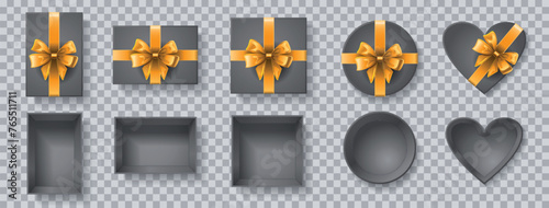 A set of vector illustrations, top view of grey gift boxes and lids with a golden bow, square, rectangular, round, in the shape of a heart. View from above. Festive gift wrapping. Isolated. 