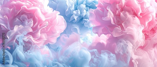  White and blue background dotted with pink and blue flowers, centerpiece is a large pink and blue bloom